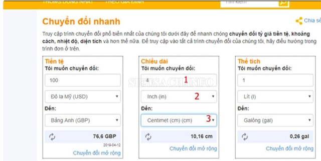 Cách đổi inch ra cm bằng công cụ ConvertWorld