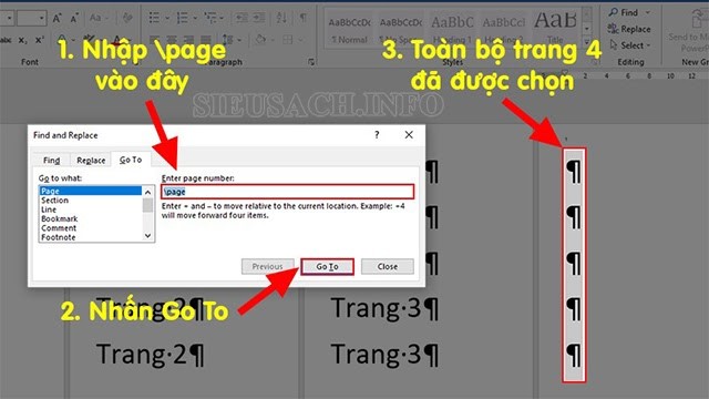 Enter page number tiếp tục nhập “page” rồi chọn Go to