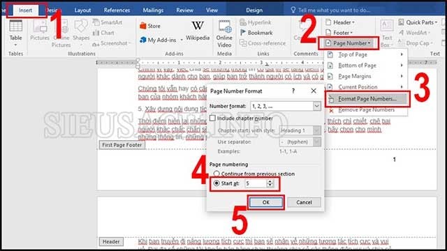 Cách 3: Thủ thuật đánh số trang Word từ một số lớn hơn 1.