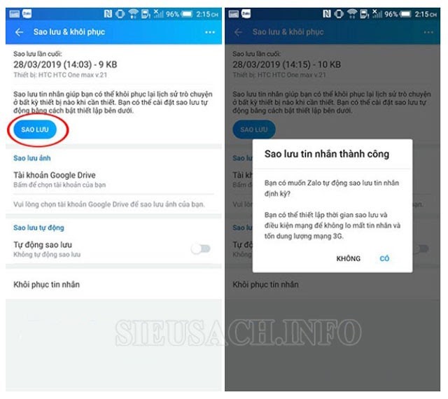 Chọn “Sao lưu” để sao lưu lại tin nhắn