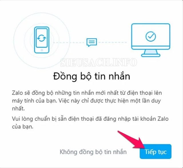 Chọn tiếp tục để thực hiện đồng bộ tin nhắn