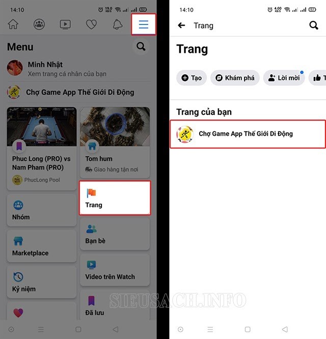 Chọn vào biểu tượng 3 dấu gạch ngang và chọn vào trang của bạn