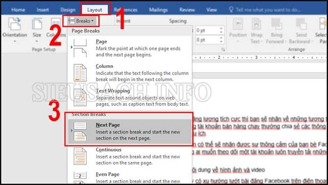 Chọn “Page Layout” → Breaks → Next Page.