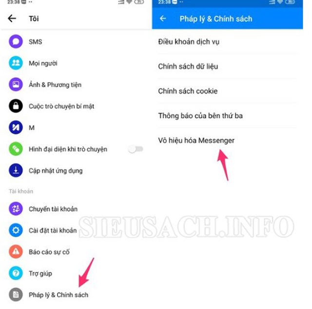 Chọn “Pháp lý & chính sách” => Chọn “Vô hiệu hóa Messenger”