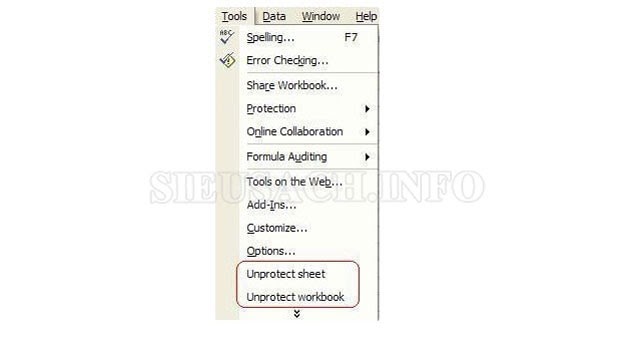 Chọn Unprotect Sheet hoặc Unprotect Workbook