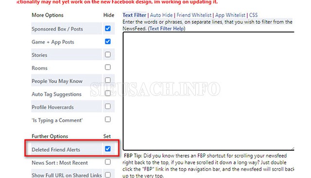 Chọn ô Deleted Friend Alerts