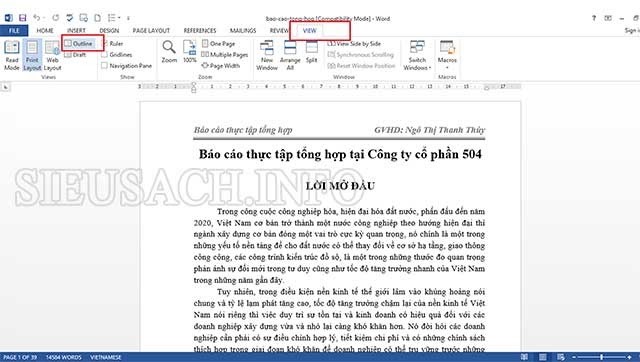 Click “View” trên thanh công cụ → Tìm kiếm đến phần “Outline”