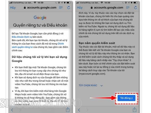 Click chọn “Tôi đồng ý” cho các điều khoản mà Google đưa ra.