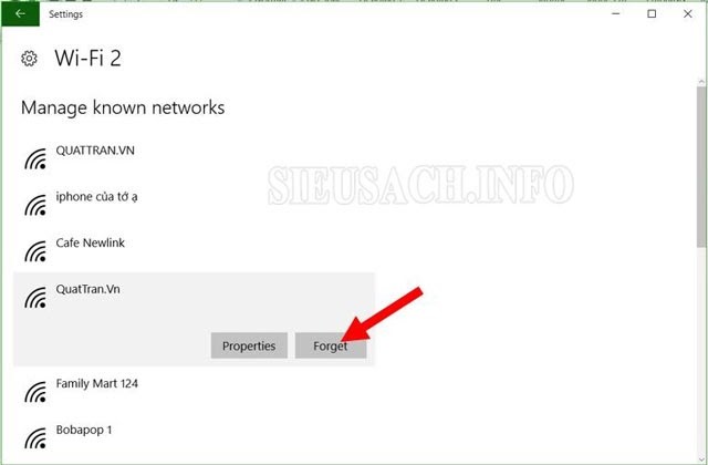  Click chuột vào “Forget” để xóa mạng
