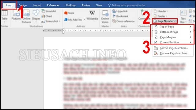 Click vào “Insert” → “Page Number” → Tùy chọn vị trí thích hợp.
