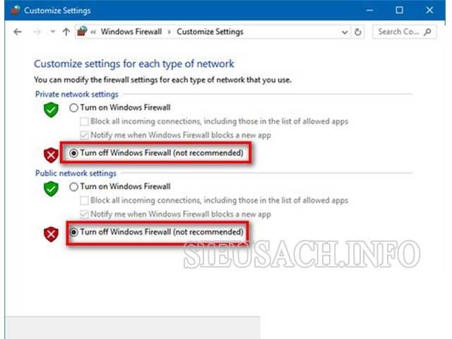 Click vào Turn Off Windows Firewall ở cả 2 phần