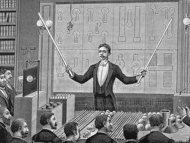 Ảnh vẽ Nikola Tesla đang thuyết giảng