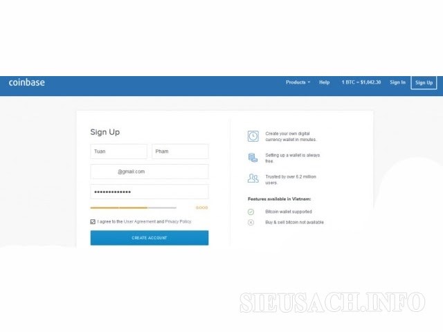 Giao diện đăng kí tài khoản tại Coinbase