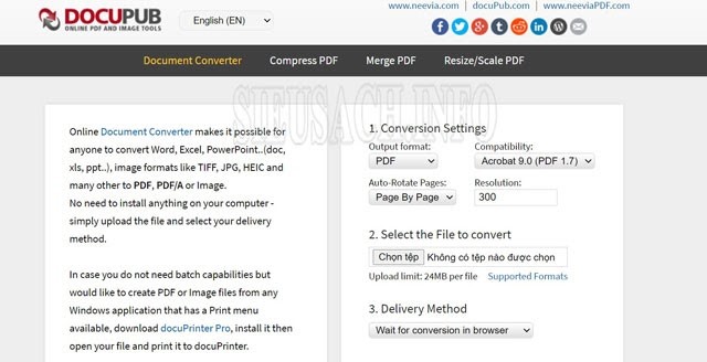 Giao diện của Docupub.com/pdfconvert/