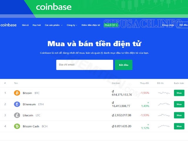 Giao diện sử dụng của Coinbase trên máy tính