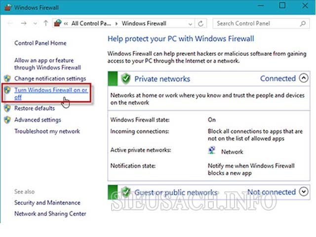 Hãy chú ý menu đứng phía tay trái và tìm chọn Turn Windows FireWall on or off.