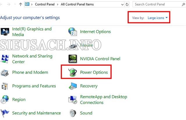 Hãy thay đổi sang “view by: Large icons” và chọn chức năng “Power Options”.