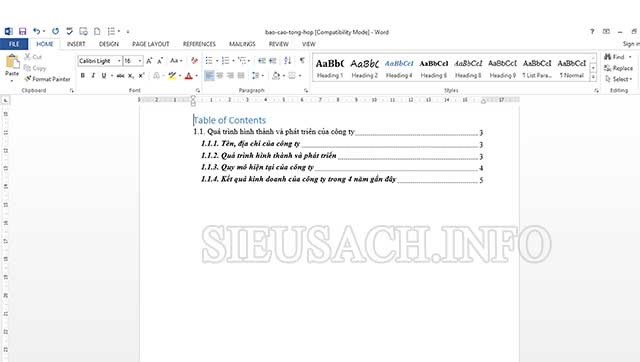 Kết quả sau khi tạo mục lục thành công trong word.