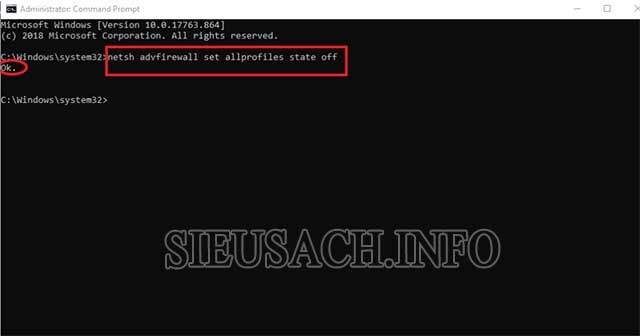 Nếu xuất hiện dòng Ok ở dưới dòng lệnh vừa nhập, điều này có nghĩa là bạn đã tắt tường lửa Win 10 vĩnh viễn.