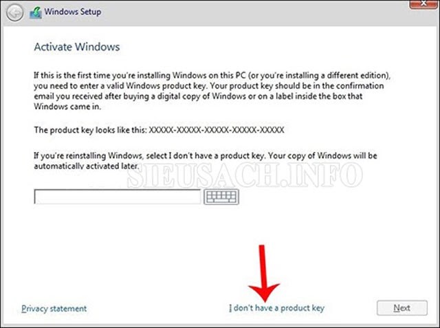 Nhấn chọn “I don’t have a product key”