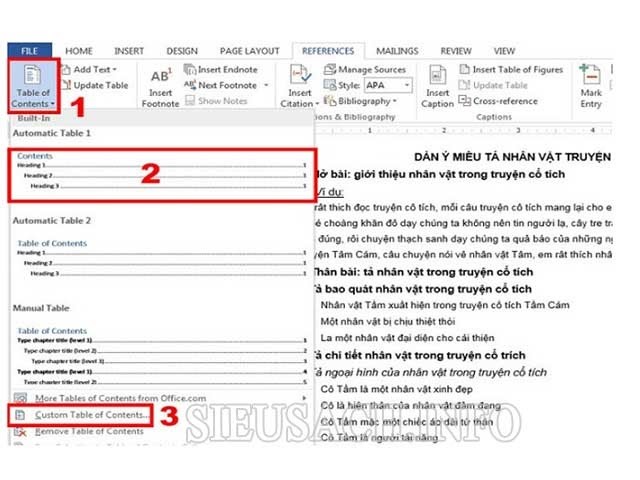 Nhấn chọn References → Table of Content → chọn định dạng mục lục theo sở thích cá nhân.