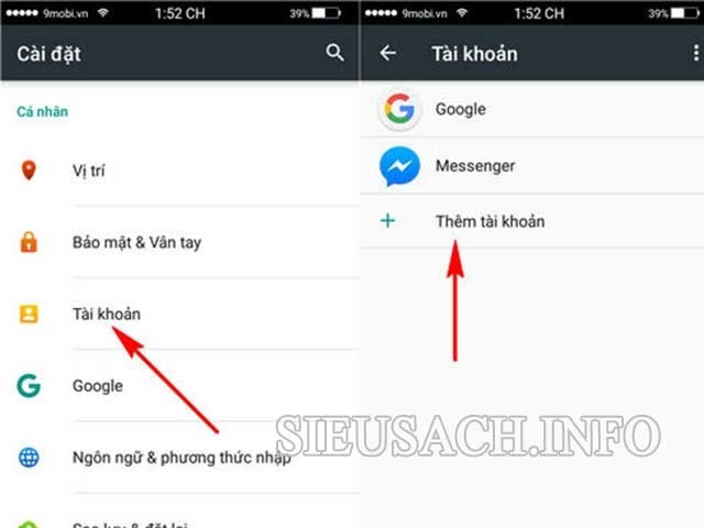 Nhấn chọn “Tài khoản” → “Thêm tài khoản”.