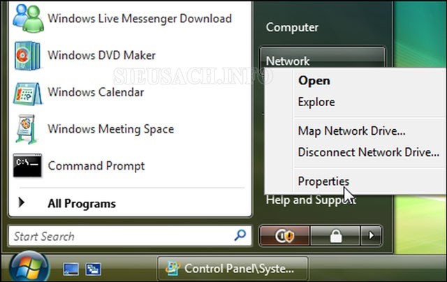 Nhấn đúp chuột phải vào Network => chọn Properties.