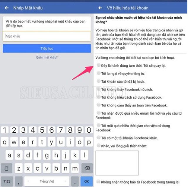 Nhập mật khẩu và chọn lý do vô hiệu hóa Facebook