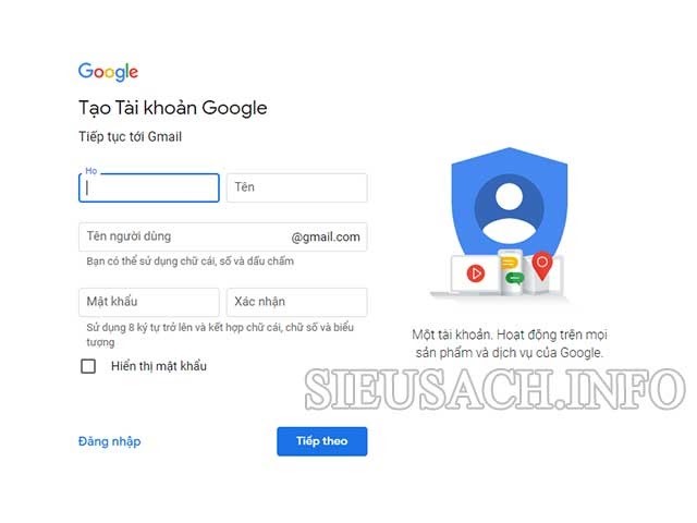 Nhập thông tin người dùng (họ tên, tên người dùng và mật khẩu) để thiết lập tài khoản.