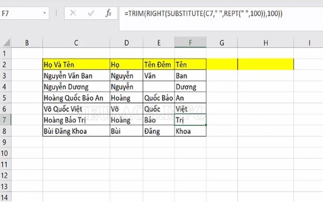 Tách họ và tên nhờ hàm cắt chuỗi có điều kiện trong Excel