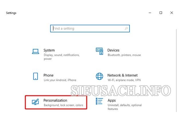 Tại biểu tượng Windows, nhấn vào “Settings” → Click “Personalization”.