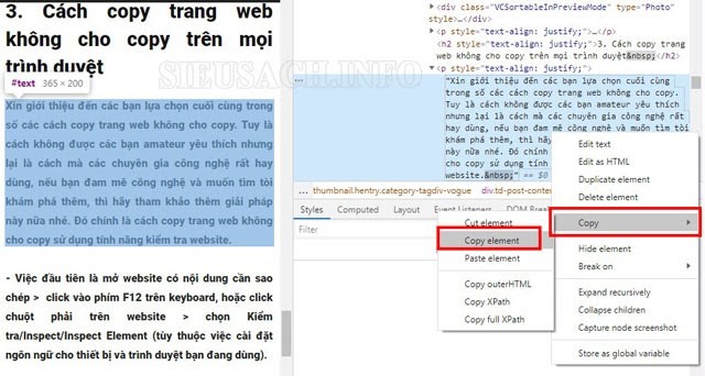 Thực hiện copy văn bản bằng cách chọn Copy => Copy element 