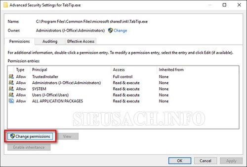 Thay đổi cài đặt với Change permissions