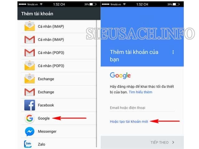 Tìm chọn biểu tượng Google và click vào “Tạo tài khoản mới”.