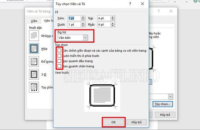 Trong hộp thoại “Borders and Shading Options”