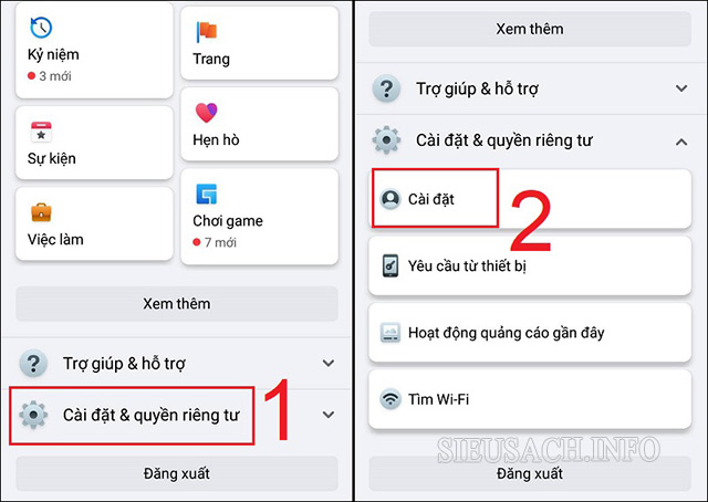 Tìm mục cài đặt trên ứng dụng Fb