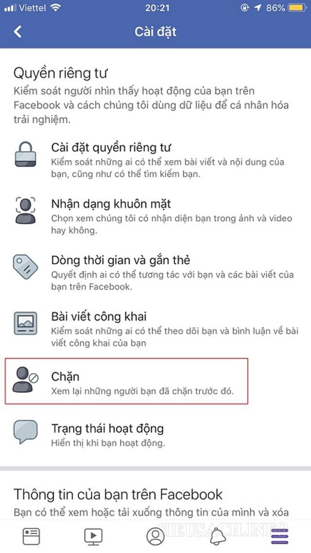 Chọn Chặn trong Cài đặt Facebook