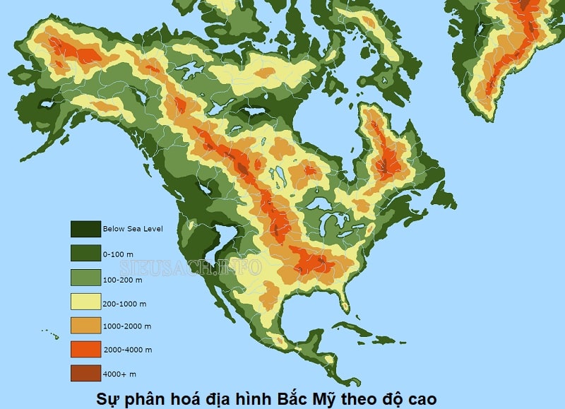 Sự phân hoá địa hình Bắc Mỹ theo độ cao